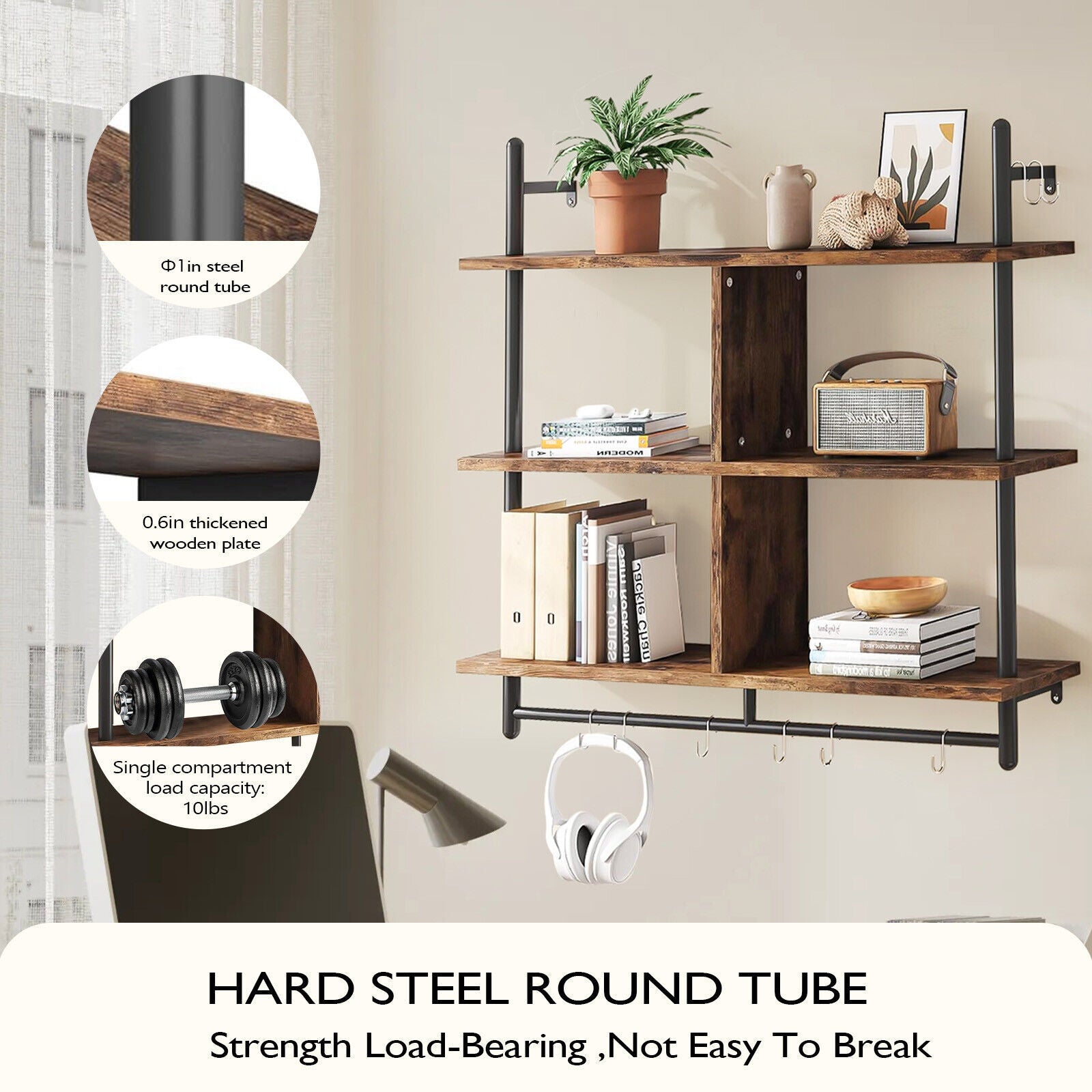 3 Tier Floating Shelves Metal Brackets Wall Mounted